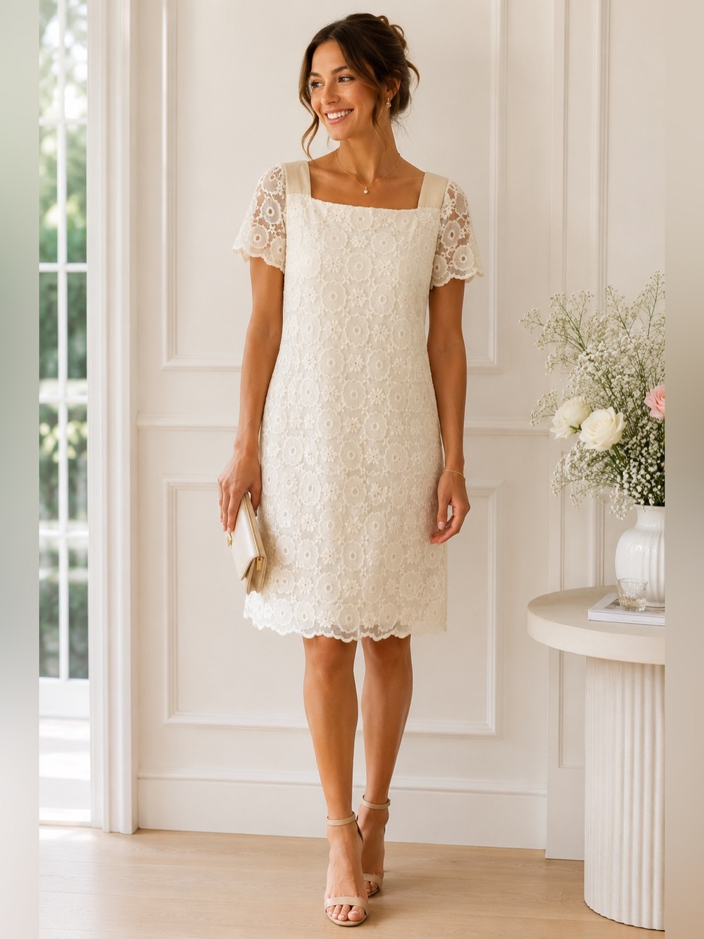 Maggy London Ivory Embroidered Lace Sheath Dress Size 6